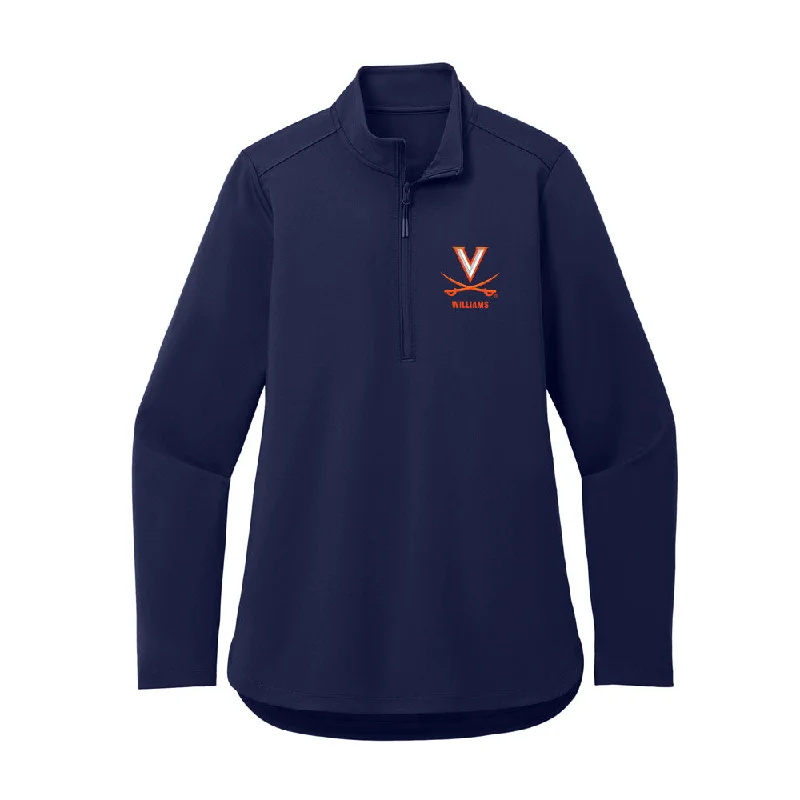 Virginia - NCAA Women's Soccer : Annamarie Williams - Women's Premium Quarter Zip Jacket Rayon Fabric Velvet Fabric Corduroy Fabric Virginia - NCAA Women's Soccer : Annamarie Williams - Women's Premium Quarter Zip Jacket Rayon Fabric Velvet Fabric Corduroy Fabric