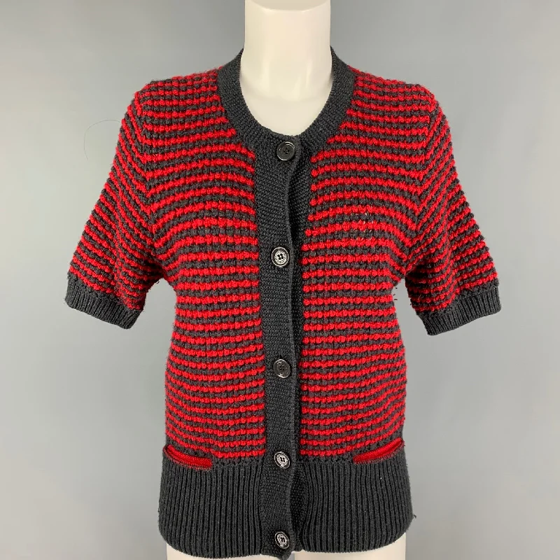 SEE By Chloe Size 8 Grey Red Wool Acrylic Stripe Cardigan Mesh Cardigan Canvas Denim SEE By Chloe Size 8 Grey Red Wool Acrylic Stripe Cardigan Mesh Cardigan Canvas Denim