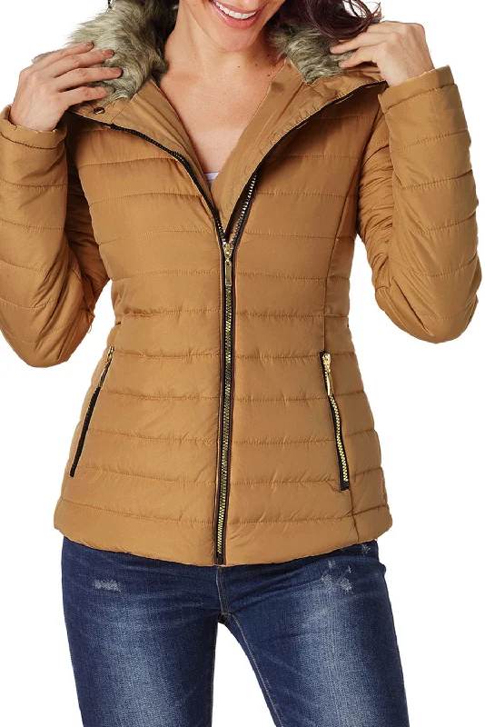 Camel Faux Fur Collar Trim Black Quilted Jacket Nylon Fabric Polyester Fabric Spandex Fabric Camel Faux Fur Collar Trim Black Quilted Jacket Nylon Fabric Polyester Fabric Spandex Fabric