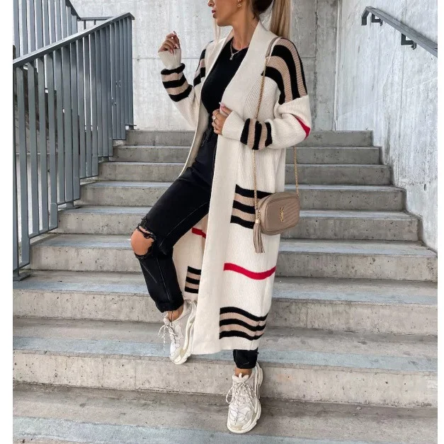 Autumn Winter Long Cardigan Striped Women Knitted Sweater Coat Patchwork Embroidered Appliqued Autumn Winter Long Cardigan Striped Women Knitted Sweater Coat Patchwork Embroidered Appliqued