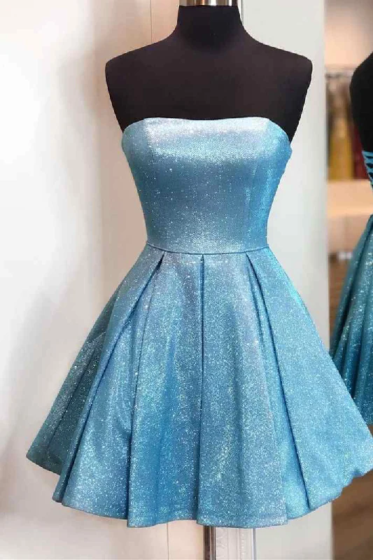 Strapless A Line Straight Acorss Shiny Blue Short Homecoming Dress
