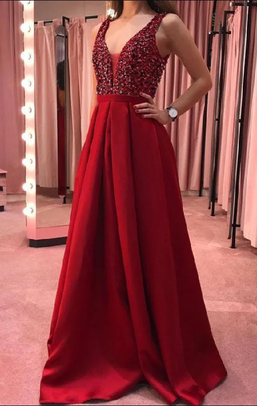 Burgundy v neck sequins long prom dress, evening dress cg970