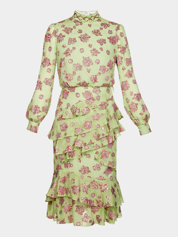 Isa Ruffle Dress in Metallic Jade Embroidery
