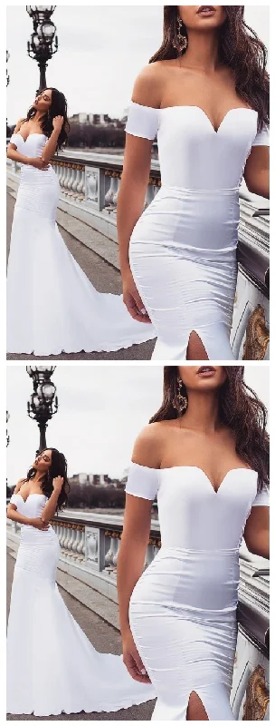 Simple Mermaid Off Shoulder White Sweep Train Split Prom Evening dress   cg9300