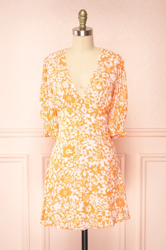 Colbie | Short Chiffon Floral Dress w/ 3/4 Sleeves