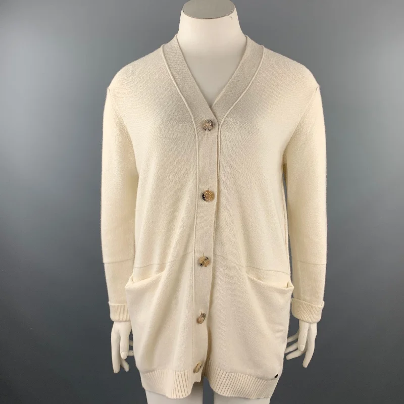 HERMES Size 10 Cream Knitted Cashmere Buttoned Cardigan Modern Contemporary chic