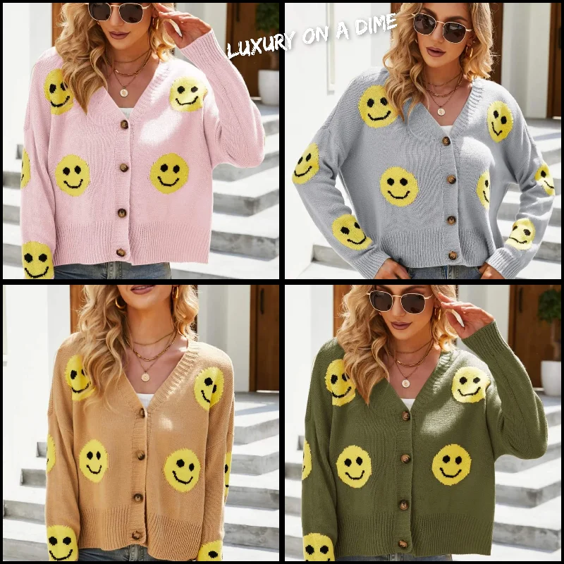 Retro Smiley Face Cropped Classic Knit Button Front Long Sleeve Cardigan Terry Blend Velvet Blend Canvas Blend Retro Smiley Face Cropped Classic Knit Button Front Long Sleeve Cardigan Terry Blend Velvet Blend Canvas Blend