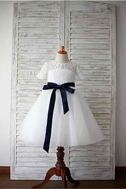 Half Sleeves Open Back Ivory Lace Flower Girl Dresses Kids Gowns With Sash