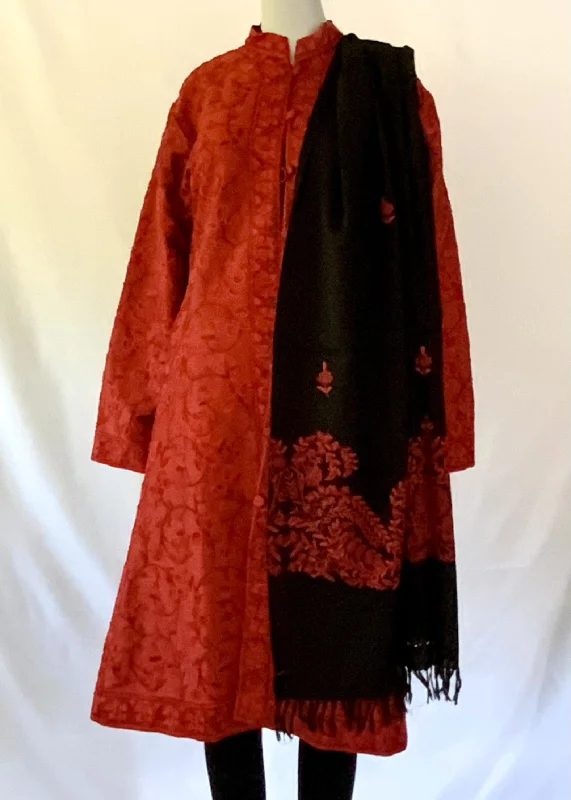 Hand Embroidered Long Jacket -  Red Satin Jacket Silk Jacket Chiffon Jacket