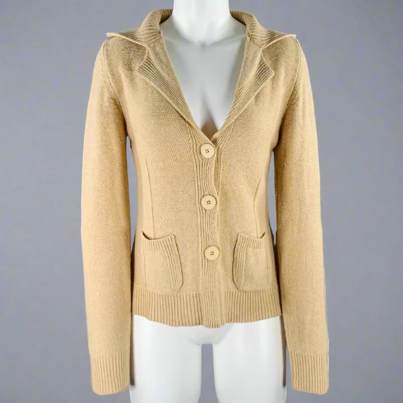FRANCESCA ELIA Size S Beige Virgin Wool Blend Knit 2 Pockets Cardigan Soft Cozy Warm