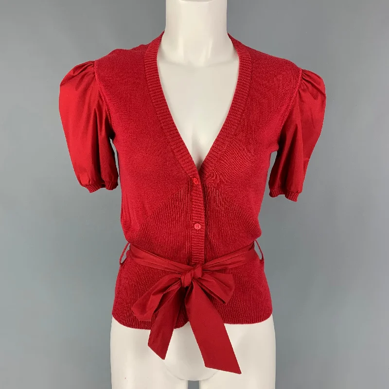 MIU MIU Size 4 Red Cotton Belted Short Sleeve Cardigan Striped Floral Plaid