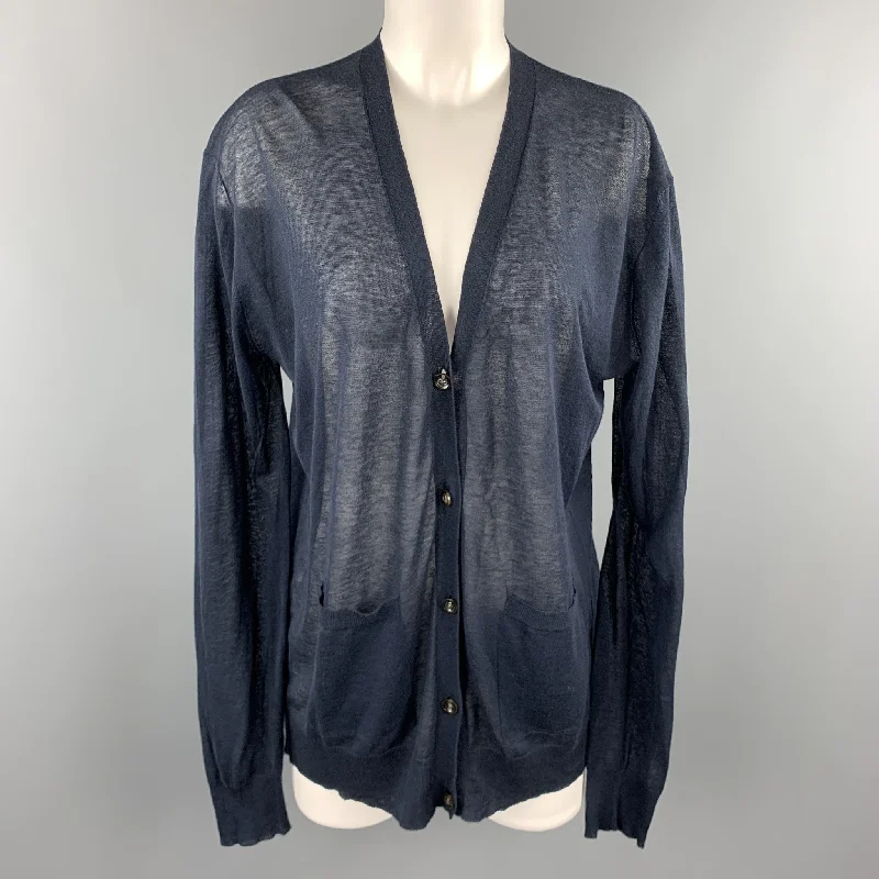 DRIES VAN NOTEN Size M Navy Cotton / Cashmere Sheer Knit Cardigan Cashmere Blend Cotton Blend Poly Blend DRIES VAN NOTEN Size M Navy Cotton / Cashmere Sheer Knit Cardigan Cashmere Blend Cotton Blend Poly Blend