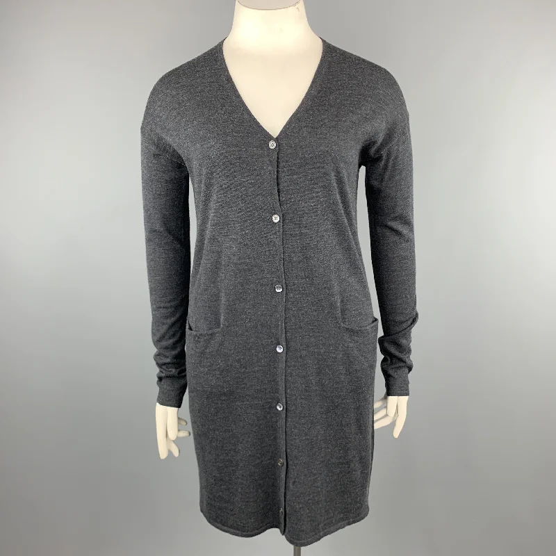 JIL SANDER Size L Charcoal Wool Long Duster Cardigan Zippered Front Buttoned Front Snap Front JIL SANDER Size L Charcoal Wool Long Duster Cardigan Zippered Front Buttoned Front Snap Front