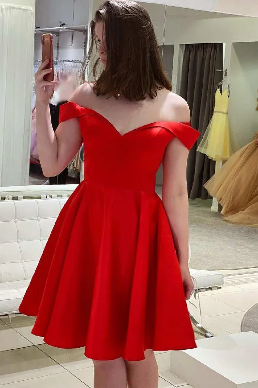 A Line Satin V-Neck Red Off The Shoulder Short Prom Dress Homecoming Dress