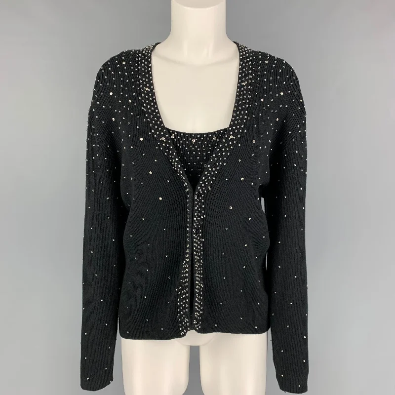 BOB MACKIE Size L Black Cotton Rhinestones V-Neck 2 Piece Cardigan Set Bright Pastel Dark BOB MACKIE Size L Black Cotton Rhinestones V-Neck 2 Piece Cardigan Set Bright Pastel Dark
