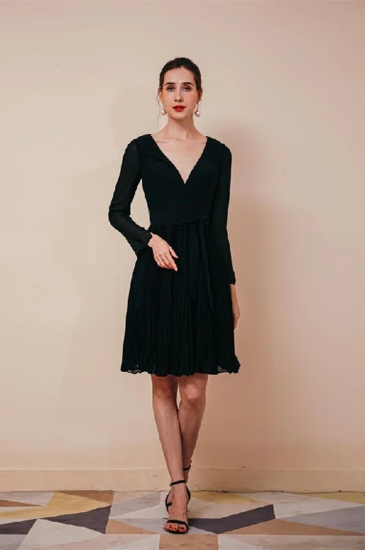 Elegant Long Sleeve Deep V-Neck Chiffon Short Prom Dresses WH231048