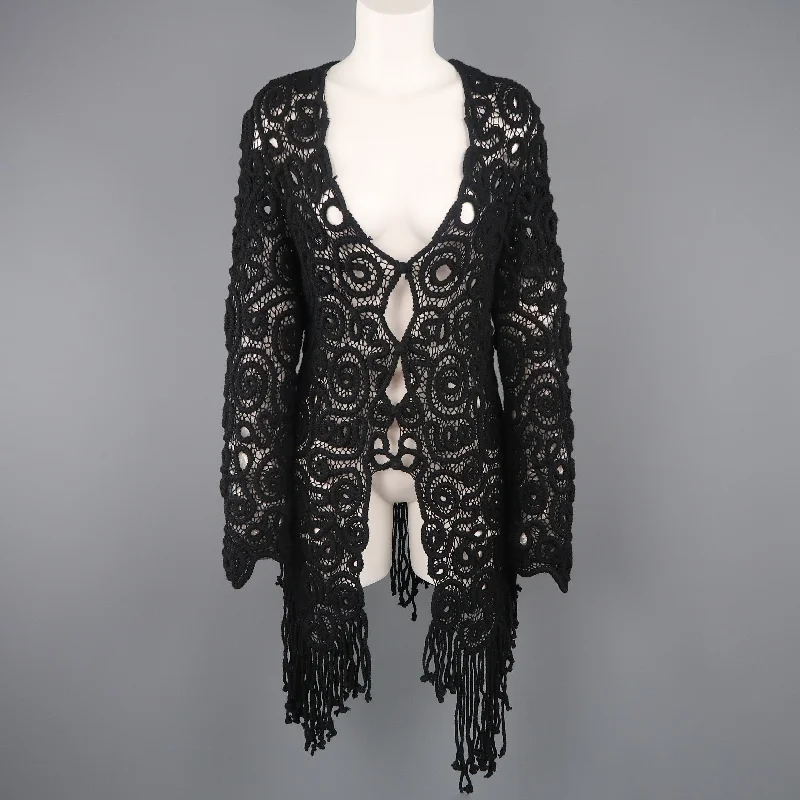 MATSUDA Size M Black Wool Crochet Fringe Cardigan Boxy Cardigan Fitted Cardigan A-Line