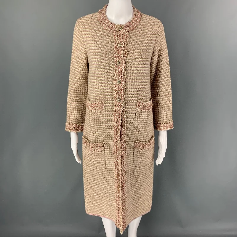 CHANEL 2006 Size 6 Pink Cream Cashmere Blend Textured Long Cardigan Casual Formal Business CHANEL 2006 Size 6 Pink Cream Cashmere Blend Textured Long Cardigan Casual Formal Business
