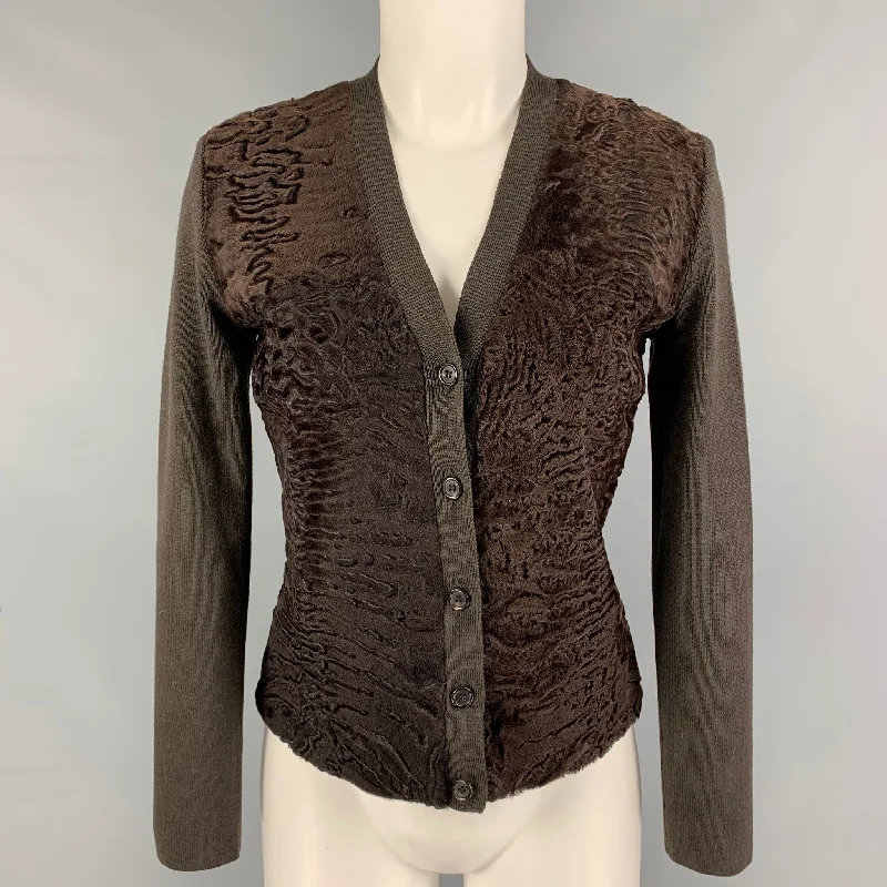 PRADA Size 4 Brown Wool Mixed Materials Lamb Fur Trim V-Neck Cardigan Spandex Rayon Corduroy