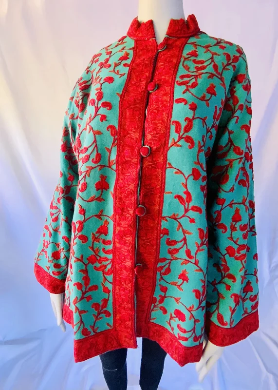 Hand Embroidered Short Jacket - Turquoise and Red V-Neck Jacket Boat Neck Jacket Square Neck Jacket Hand Embroidered Short Jacket - Turquoise and Red V-Neck Jacket Boat Neck Jacket Square Neck Jacket