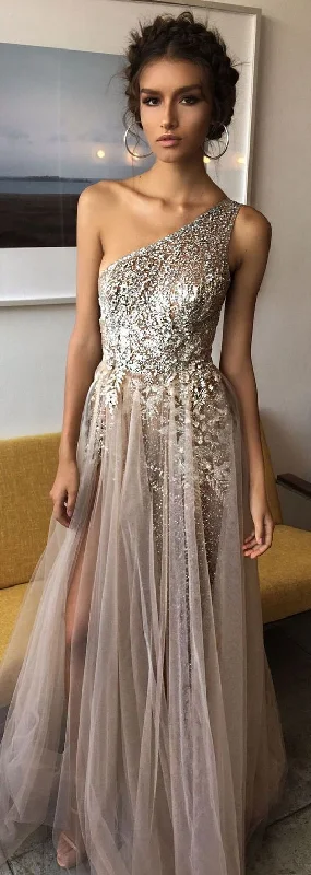 One Shoulder Sexy Side Slit Heavily Beaded Sparkly Long Evening Prom Dresses cg492