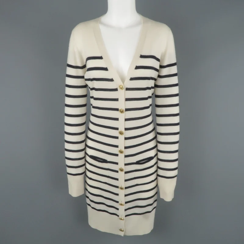 CHLOE Size M Cream & Navy Sailor Striped Cashmere Gold Button Long Cardigan Satin Fabric Silk Fabric Chiffon Fabric CHLOE Size M Cream & Navy Sailor Striped Cashmere Gold Button Long Cardigan Satin Fabric Silk Fabric Chiffon Fabric