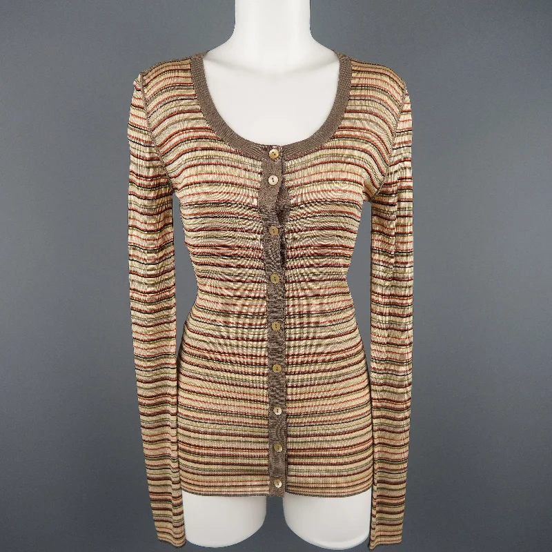 DOLCE & GABBANA Size 8 Beige Rayon / Silk Striped Scoop Neck Cardigan Cardigan Knitwear Sweater DOLCE & GABBANA Size 8 Beige Rayon / Silk Striped Scoop Neck Cardigan Cardigan Knitwear Sweater