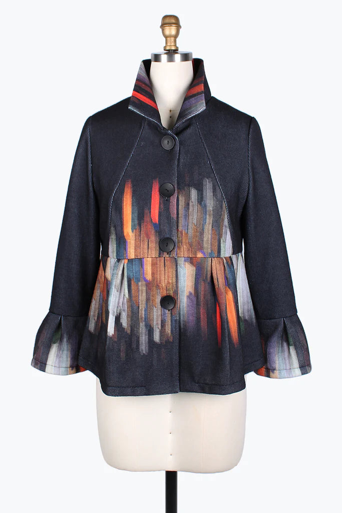 Damee Paint Stroke Long Sleeve Jacket 4775-BLK Zip Front Button Front Snap Front