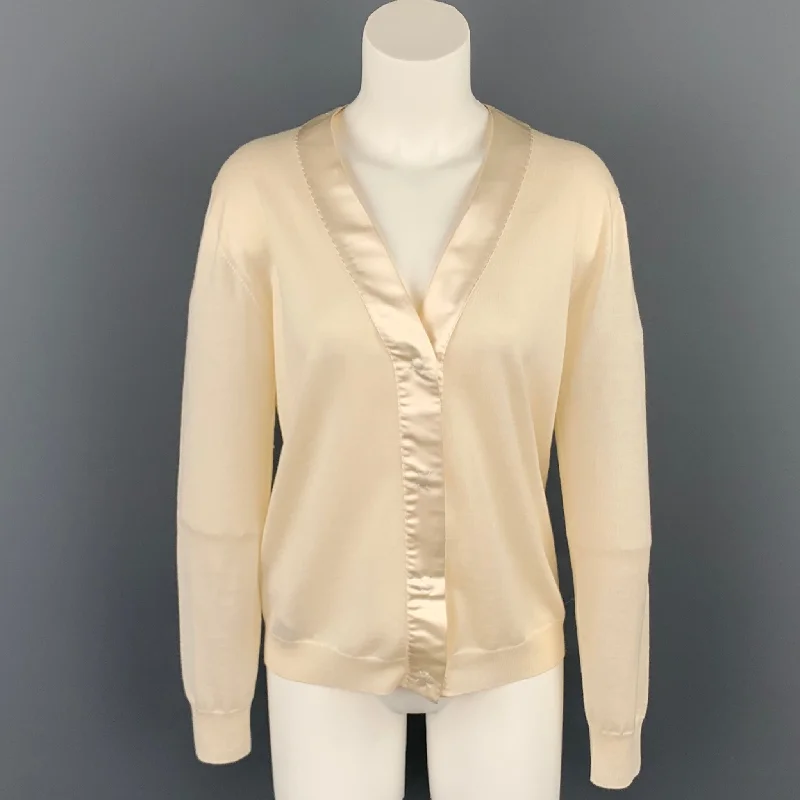 PRADA Size 8 Cream Knitted Wool / Silk Elbow Patches Snap Button Cardigan Chenille Brocade Lace PRADA Size 8 Cream Knitted Wool / Silk Elbow Patches Snap Button Cardigan Chenille Brocade Lace