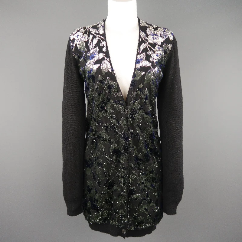 LANVIN Size M Black Metallic Burnout Jacquard Panel Cardigan Fleece Fabric Down Fabric Feather Fabric LANVIN Size M Black Metallic Burnout Jacquard Panel Cardigan Fleece Fabric Down Fabric Feather Fabric