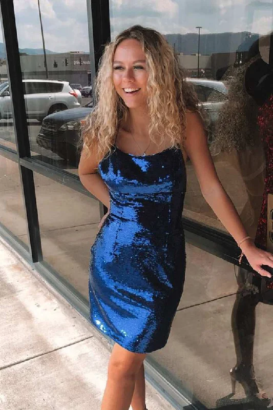 Spaghetti Straps Shinning Sequins Navy Blue Short Prom Dress Homecoming Dress