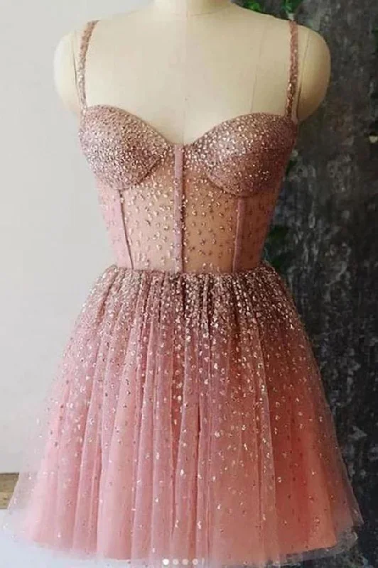 A-line Spaghetti Straps Sweetheart Tulle Beads Homecoming Dresses, Short Prom Dresses SX66509