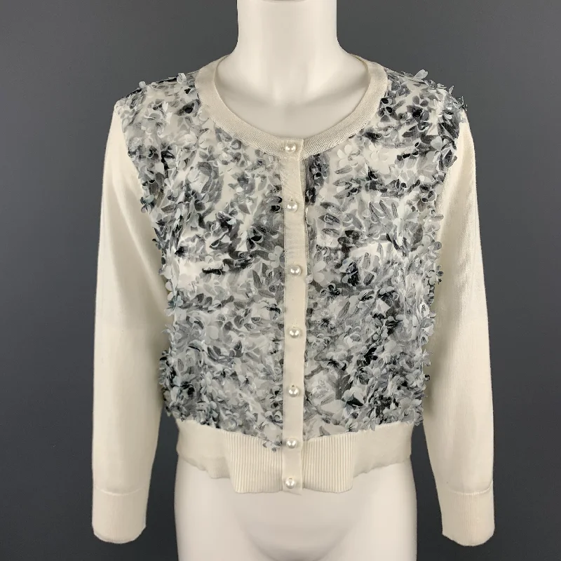 KARL LAGERFELD Size M White Knit Floral Textured Chiffon Front Cardigan Mesh Fabric Canvas Fabric Denim Fabric