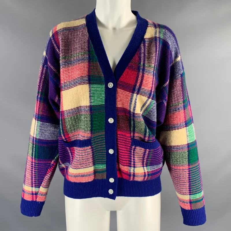 RALPH LAUREN Size M Purple Multi-Color Cashmere Plaid Cardigan Hooded Cardigan Collared Cardigan Shawl Collar RALPH LAUREN Size M Purple Multi-Color Cashmere Plaid Cardigan Hooded Cardigan Collared Cardigan Shawl Collar