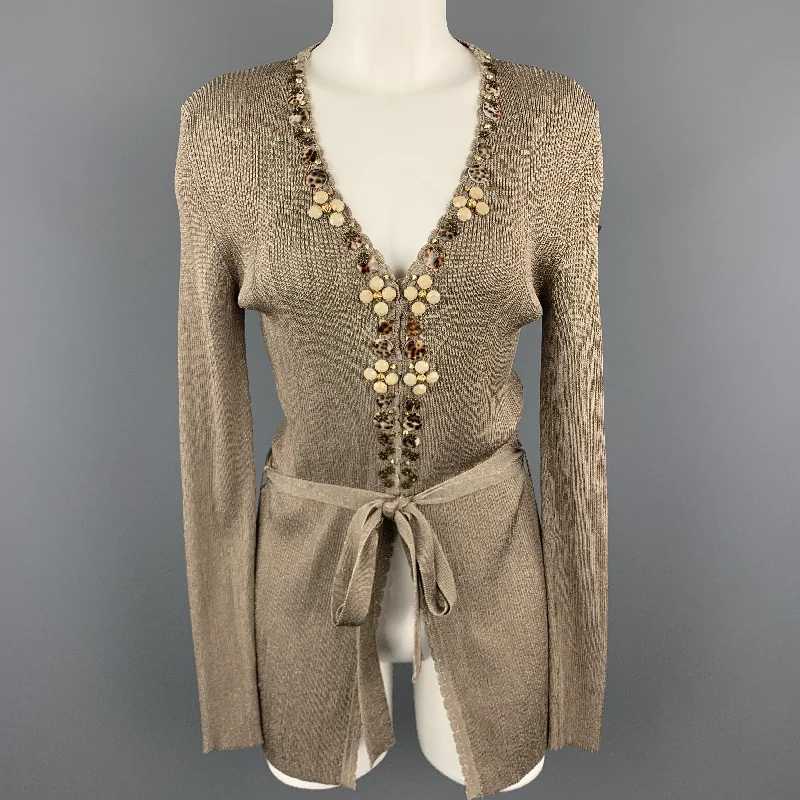 BLUMARINE Size 8 Taupe Sparkle Knit EMbellished V Neck Cardigan Elasticated Padded Insulated BLUMARINE Size 8 Taupe Sparkle Knit EMbellished V Neck Cardigan Elasticated Padded Insulated