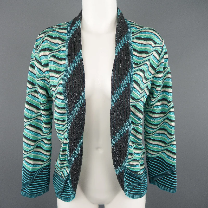 M MISSONI Size 10 Blue & Green Wool / Viscose Textured Print Knit Cardigan Knit Fabric Woven Fabric Fleece Fabric M MISSONI Size 10 Blue & Green Wool / Viscose Textured Print Knit Cardigan Knit Fabric Woven Fabric Fleece Fabric