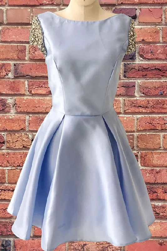 Cap Sleeves Light Blue Back-V Satin Cheap Homecoming Dresses Short Prom Dress Cocktail Dress Cap Sleeves Light Blue Back-V Satin Cheap Homecoming Dresses Short Prom Dress Cocktail Dress