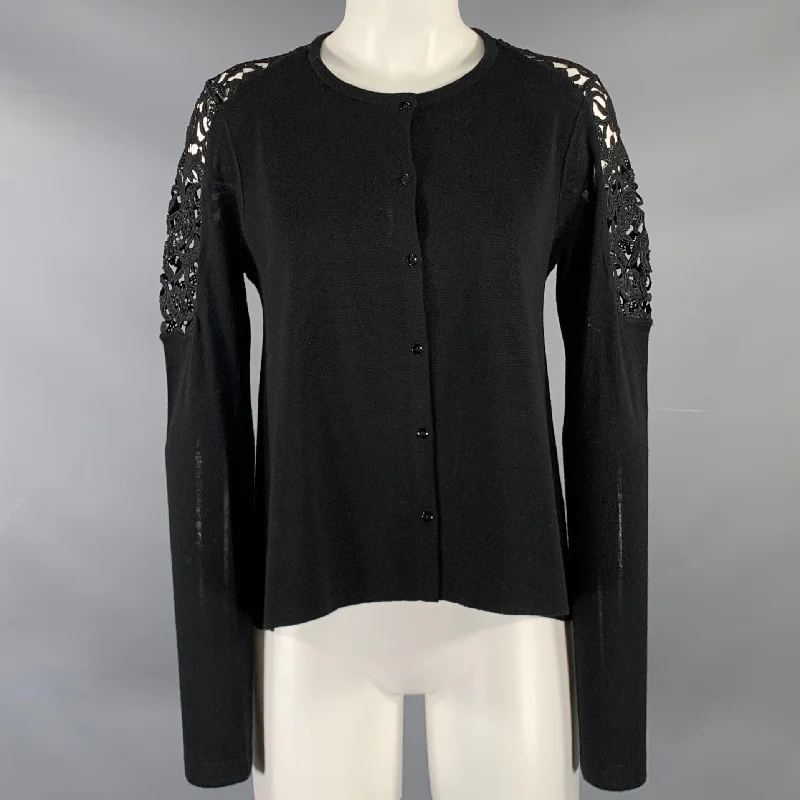 DOROTHEE SCHUMACHER Size 2 Black Virgin Wool Lace Panel Cardigan Long Cardigan Short Cardigan Medium Cardigan DOROTHEE SCHUMACHER Size 2 Black Virgin Wool Lace Panel Cardigan Long Cardigan Short Cardigan Medium Cardigan