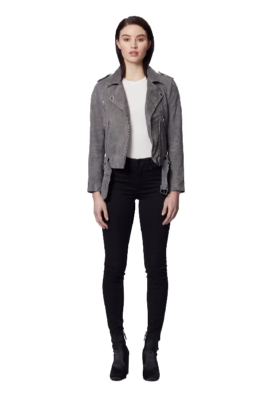TAYLOR SUEDE JACKET GREY Boat Neck Shawl Collar Notched Collar