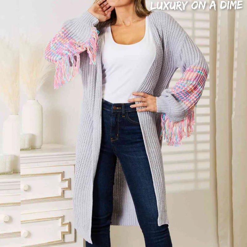 Fringe Retro Waffle Knit Cardigan Sleeve Colorful Open Front Sweater Duster Herringbone Houndstooth Plaid Fringe Retro Waffle Knit Cardigan Sleeve Colorful Open Front Sweater Duster Herringbone Houndstooth Plaid