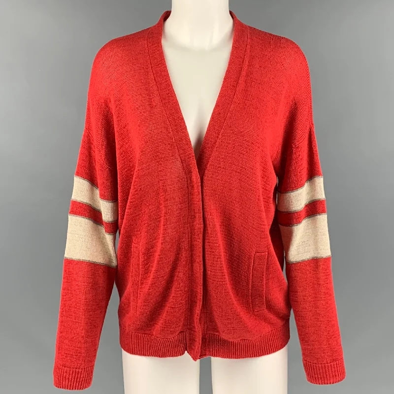BRUNELLO CUCINELLI Size S Red White Cotton Stripe V Neck Cardigan Spandex Blend Rayon Blend Denim Blend BRUNELLO CUCINELLI Size S Red White Cotton Stripe V Neck Cardigan Spandex Blend Rayon Blend Denim Blend