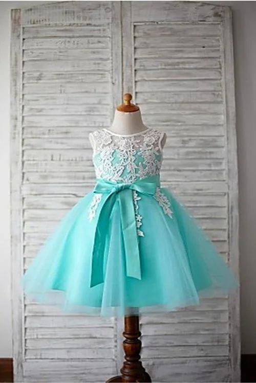 White Lace Mint Tulle Cute Dress Flower Girl Dresses Kids Gowns With Sash