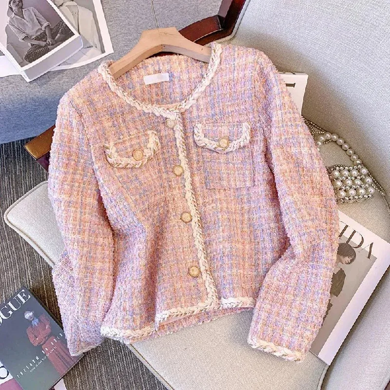 Pink Plaid Tweed Jacket Tailored Jacket Straight Jacket A-Line Jacket