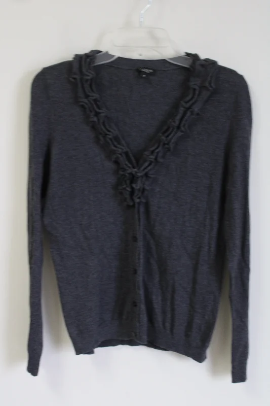Talbots Gray Ruffle Front Cardigan | M Open Front Closed Front Wrap Front
