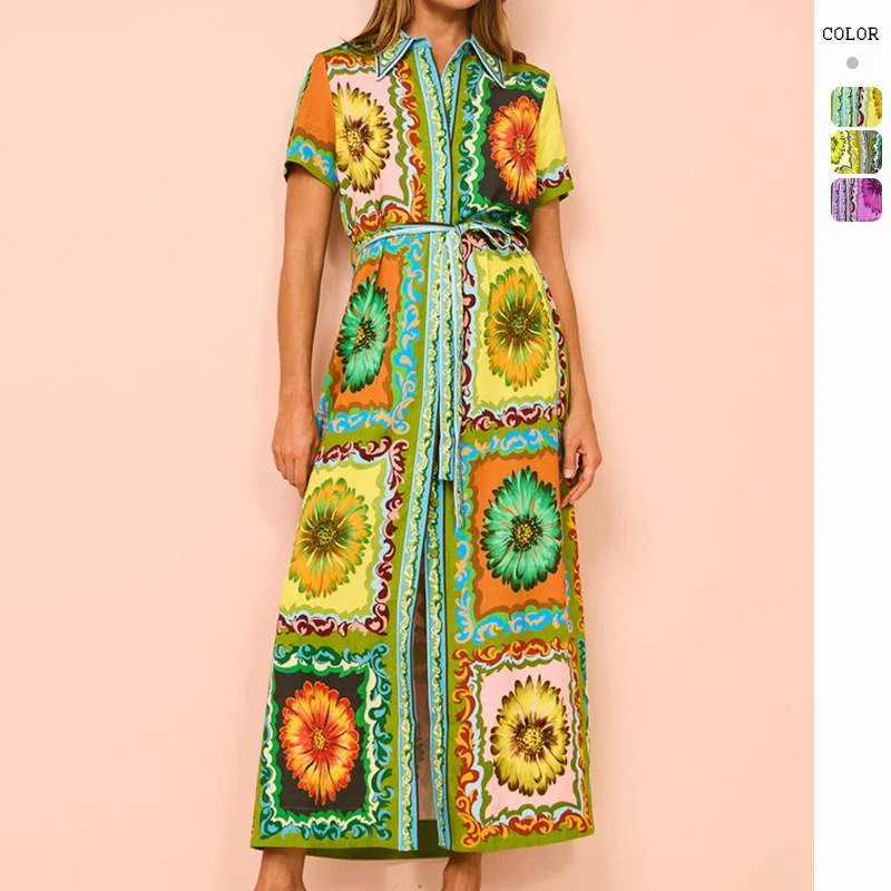 EXAGGERATED  PRINTING LACE UP CARDIGAN MAXI DRESS Spandex Rayon Corduroy