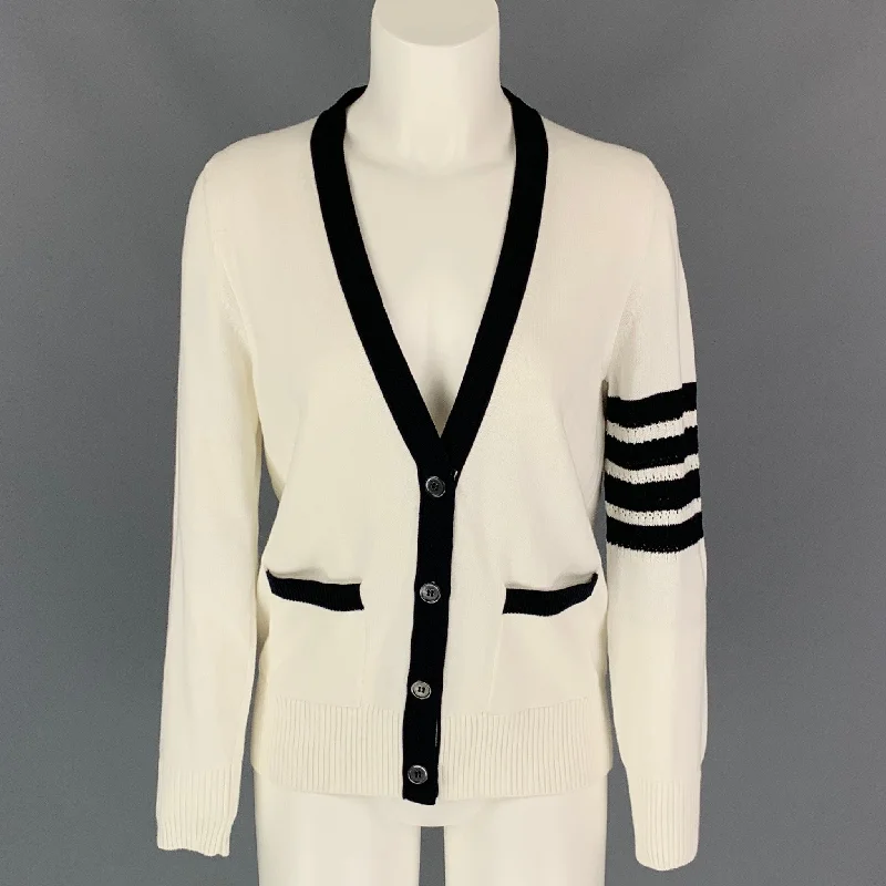 THOM BROWNE Size S White & Navy Knitted Cotton Cardigan Velvet Chenille Corduroy