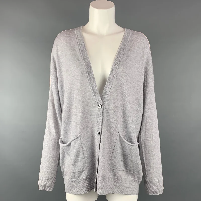 ATM Size M Light Gray & White Knitted Wool Buttoned Cardigan Fleece Fabric Down Fabric Feather Fabric ATM Size M Light Gray & White Knitted Wool Buttoned Cardigan Fleece Fabric Down Fabric Feather Fabric