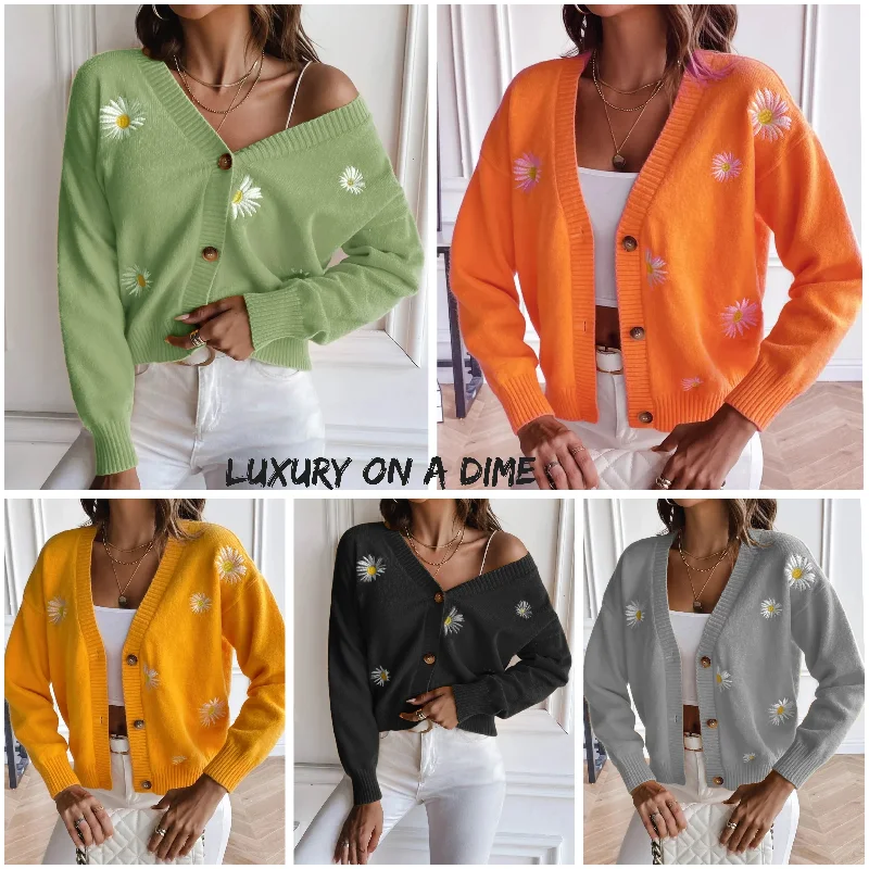 Embroidered Cropped Knit Button Front Retro Long Sleeve Soft Cardigan Iron Safe Non-Iron Wrinkle Free