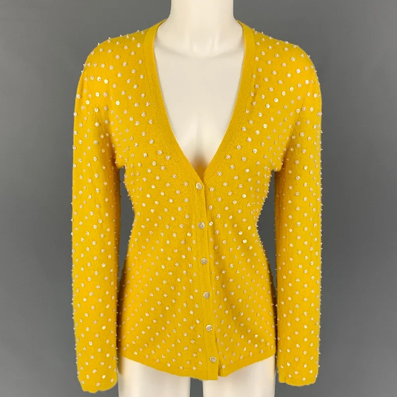OSCAR DE LA RENTA Size M Yellow Cashmere Beaded Open Front Cardigan Crew Neck V-Neck Turtle Neck OSCAR DE LA RENTA Size M Yellow Cashmere Beaded Open Front Cardigan Crew Neck V-Neck Turtle Neck