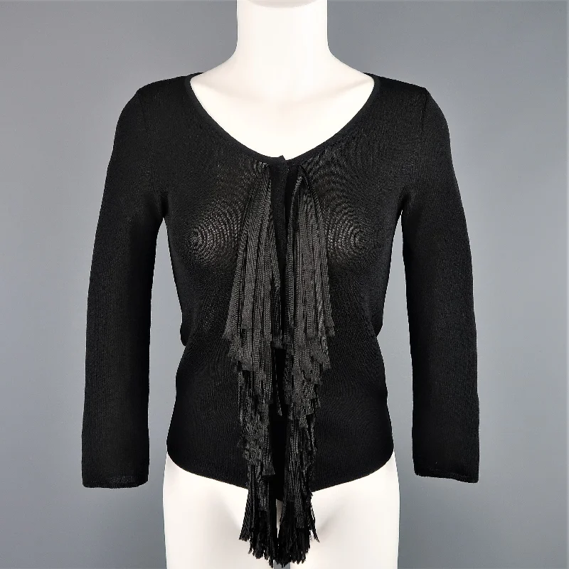 GIAMBATTISTA VALLI Size S Black Scoop Neck Ribbon Fringe Snap Cardigan Beaded Cardigan Sequined Faux Fur